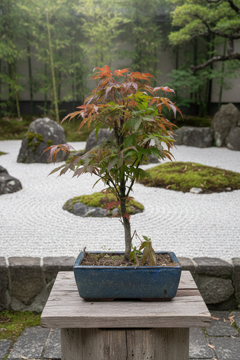 A potted Acer palmatum plant with green and reddish-brown leaves in a rectangular blue-gray ceramic pot, set against a white textured backdrop.