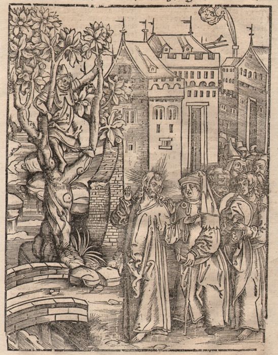 Hans Franck ( 1485 - 1522 ) -Woodcut - Christ encountering Zacchaeus the tax collector -Between 1509 -1517 - Avalon - Plants, Gifts & Antiques