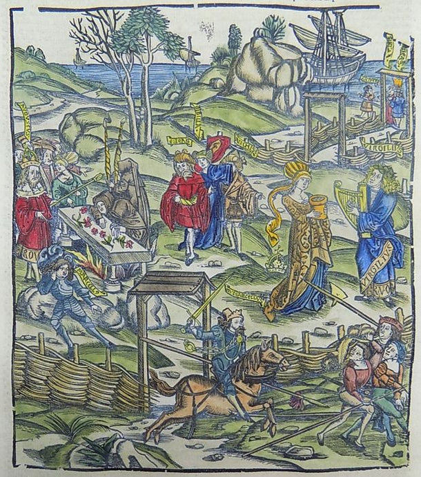 Grüninger Master - Illustrated post-incunabula leaf - Knights Battle in Armor, The Future Race, Republic and Beyond from Virgil's Aeneid, hand colored - 1529 - Avalon - Plants, Gifts & Antiques