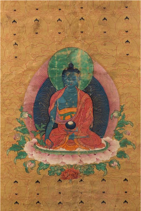 Rare 18th century Thangka depicting the Medicine Buddha, Bhaiṣajyaguru - Tibet - Avalon - Plants, Gifts & Antiques